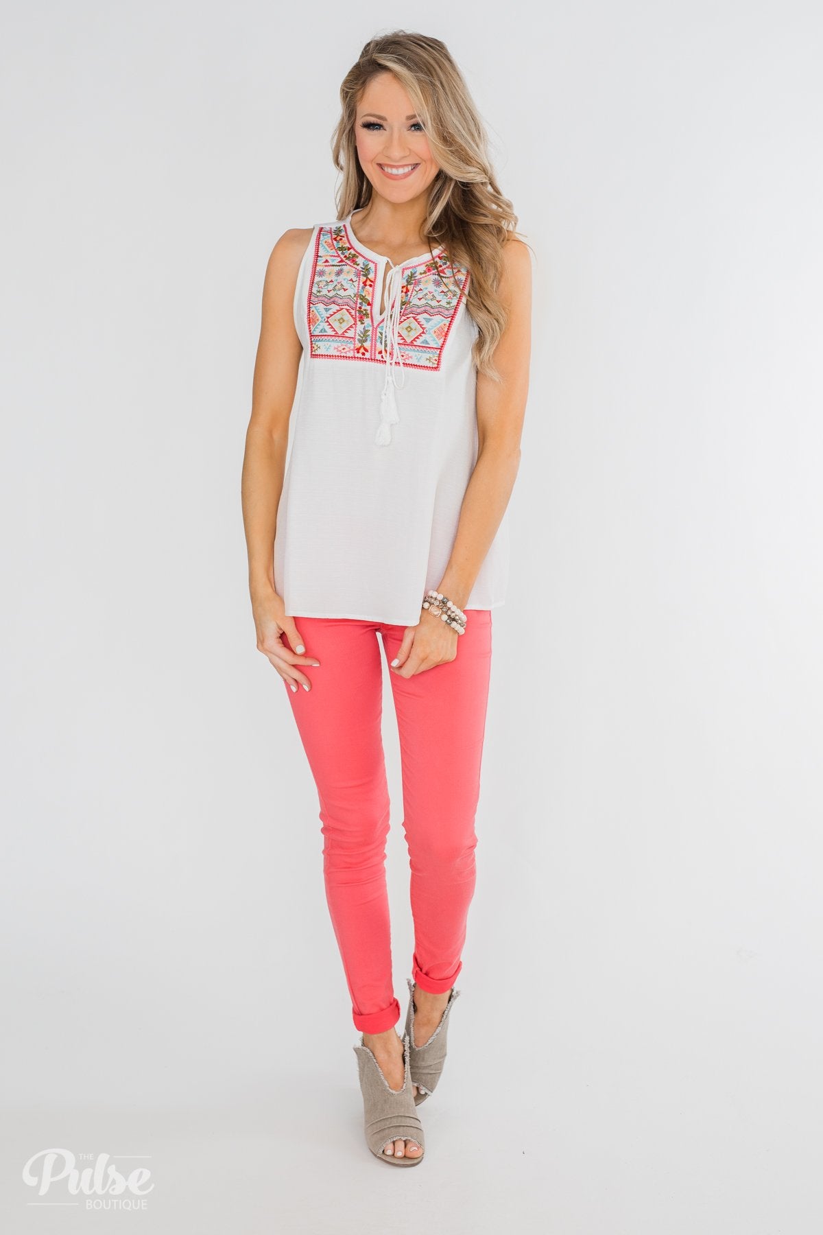 More Beautiful You Embroider Tank Top- White