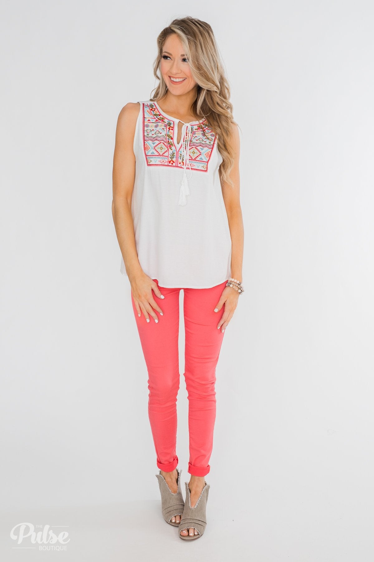 More Beautiful You Embroider Tank Top- White