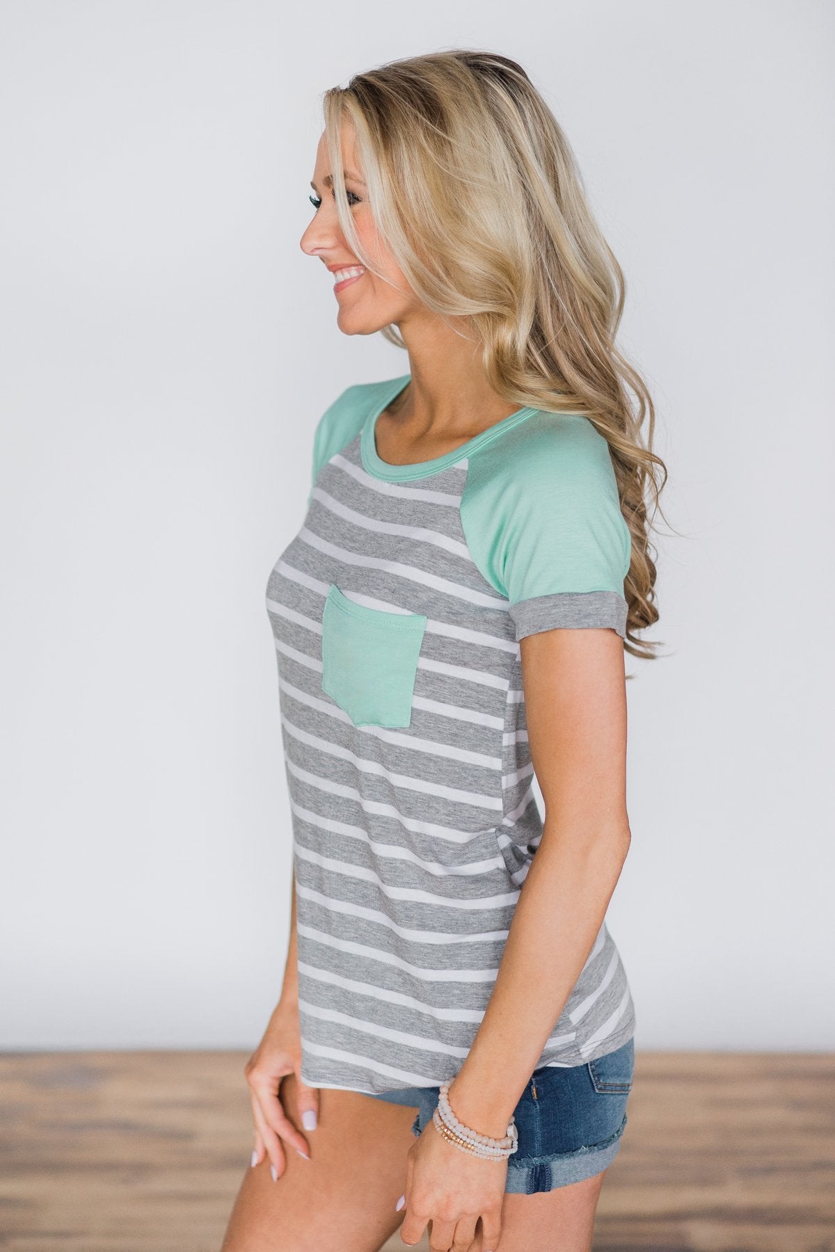 Go Right On By Striped Pocket Top ~ Mint