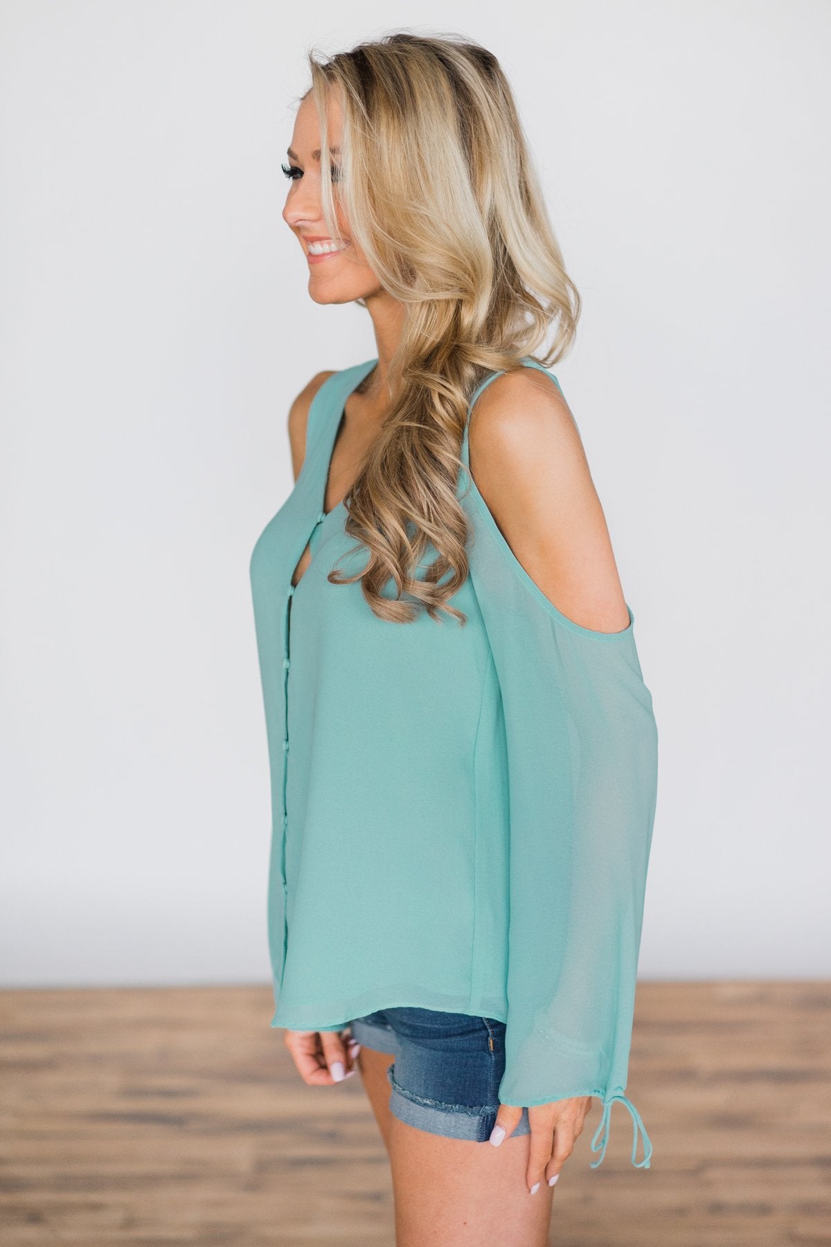 Chasing Perfection Mint Cold Shoulder Top