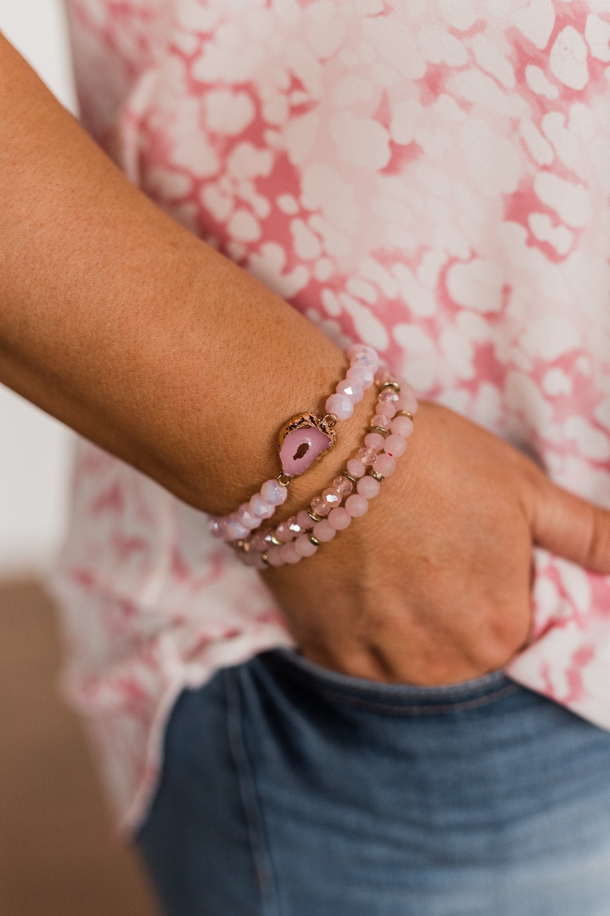 Geo Stone & Marble Bracelet Set- Light Pink