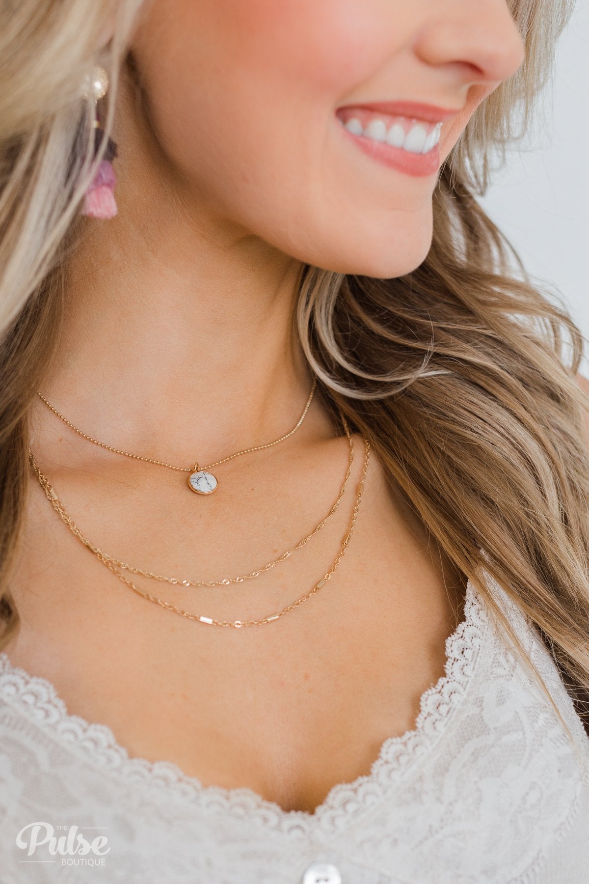 3 Tier Marble Stone Necklace- Gold