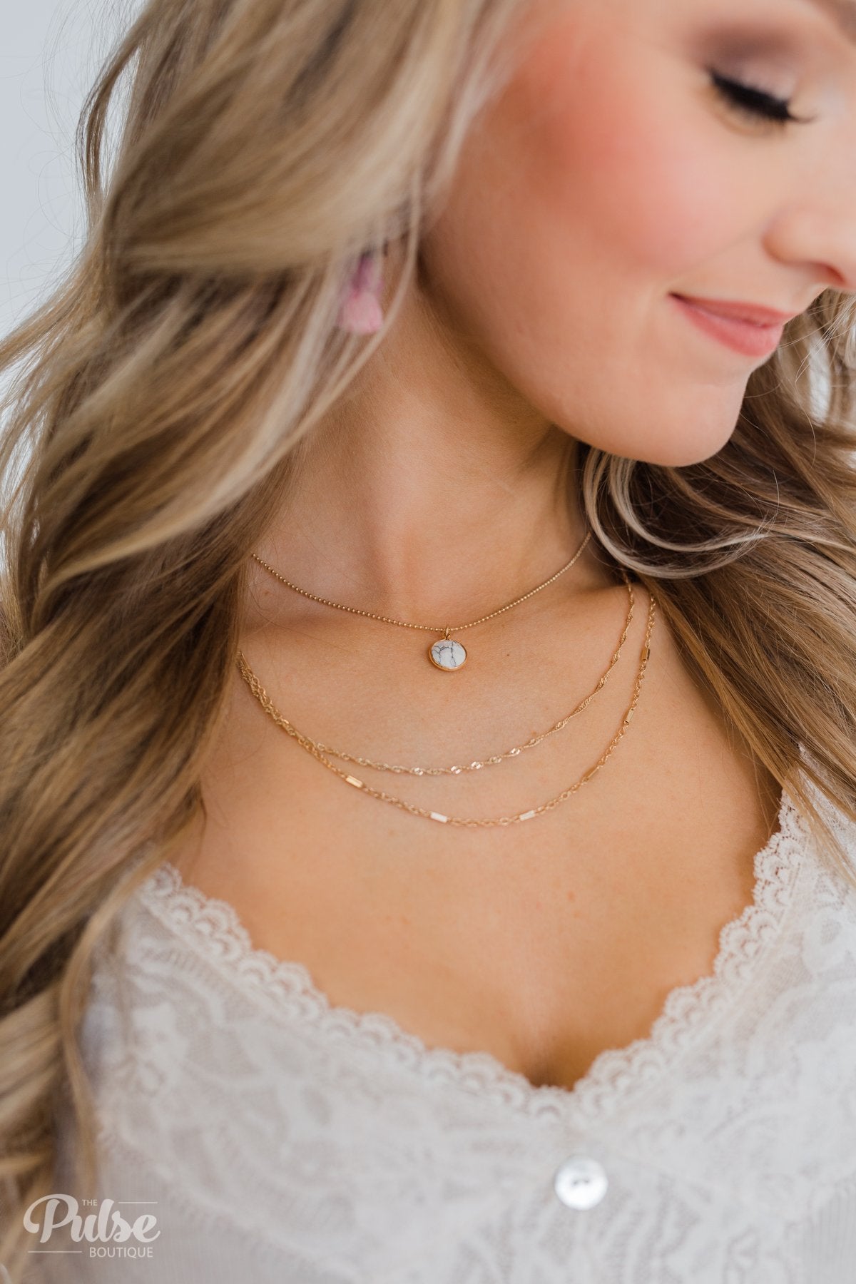 3 Tier Marble Stone Necklace- Gold