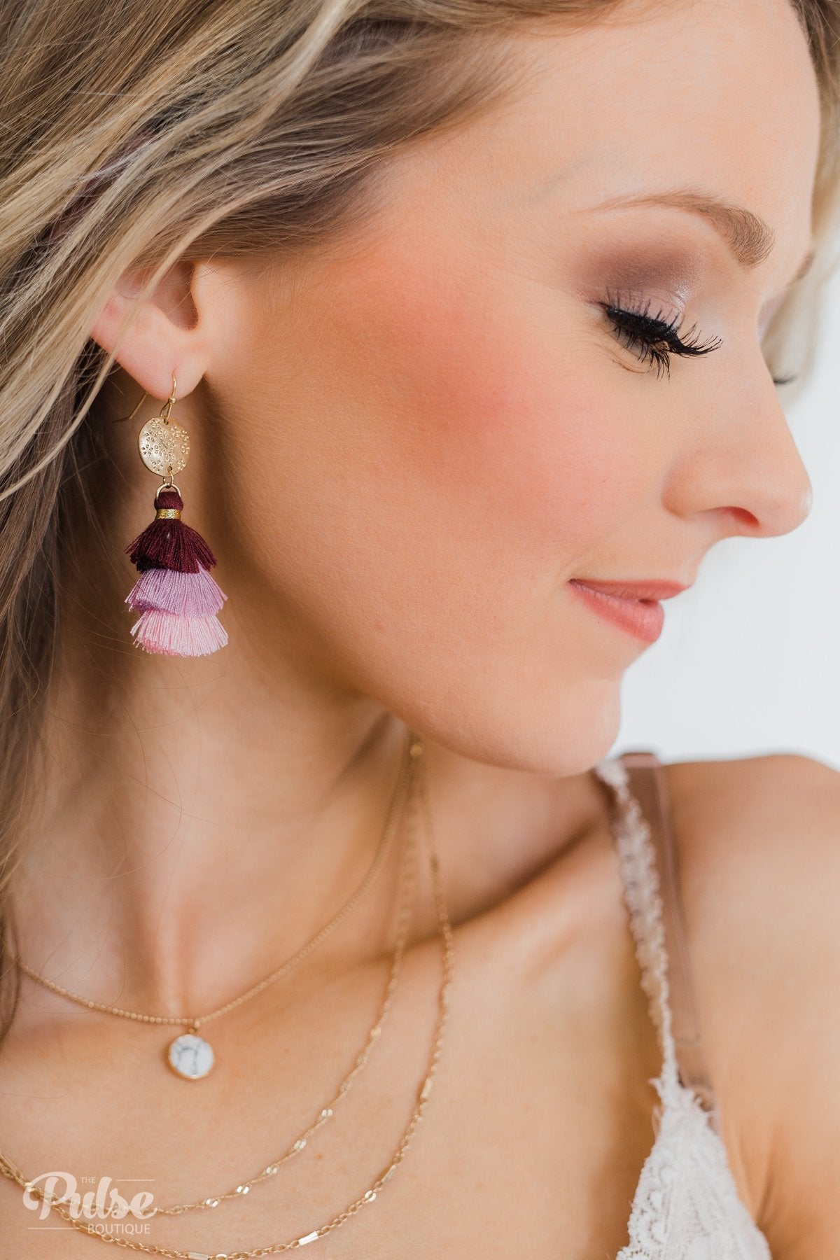 Layered Tassel Gold Earrings- Burgundy, Lilac, Pink