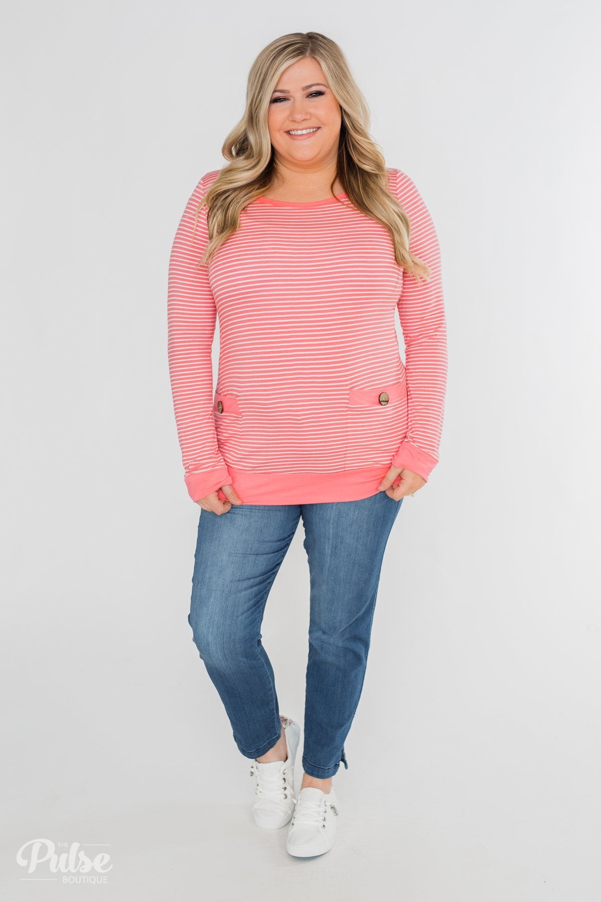 So Much In Common Striped Pocket Top- Pink