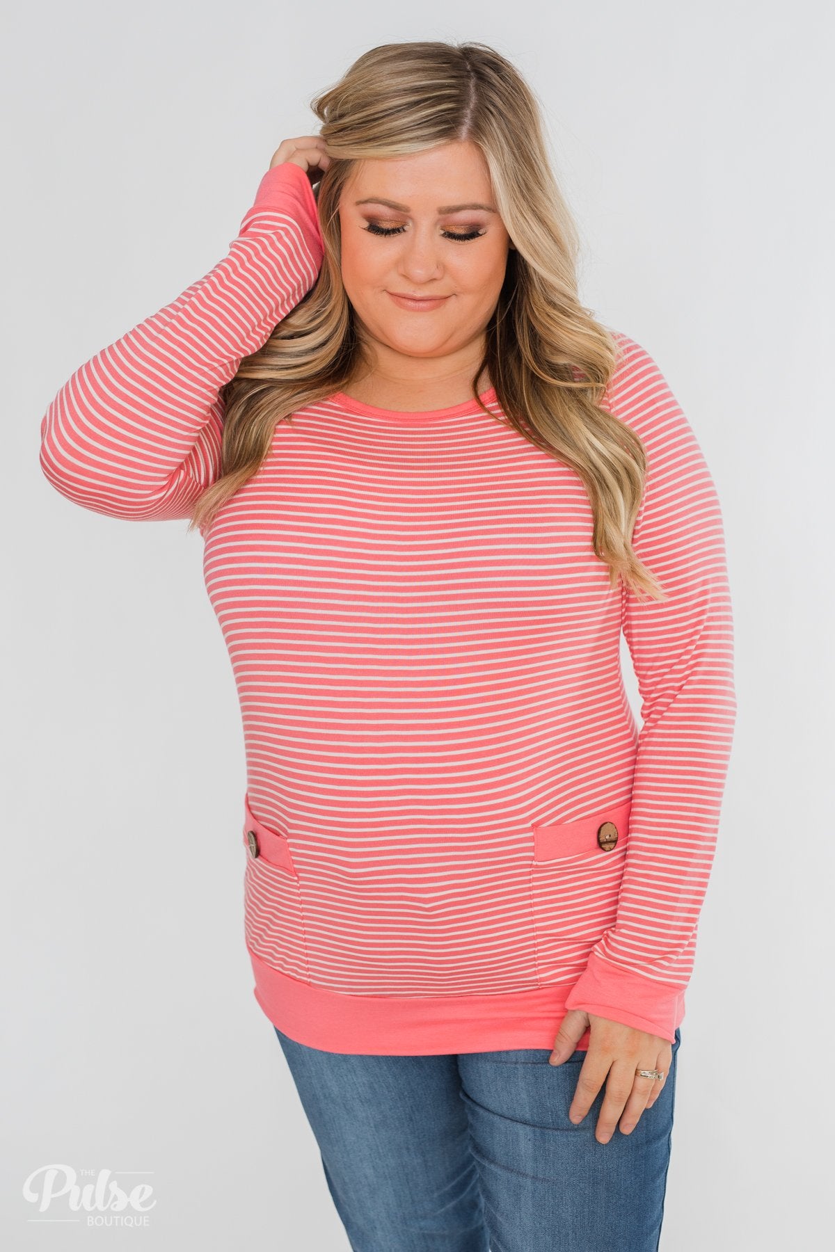So Much In Common Striped Pocket Top- Pink