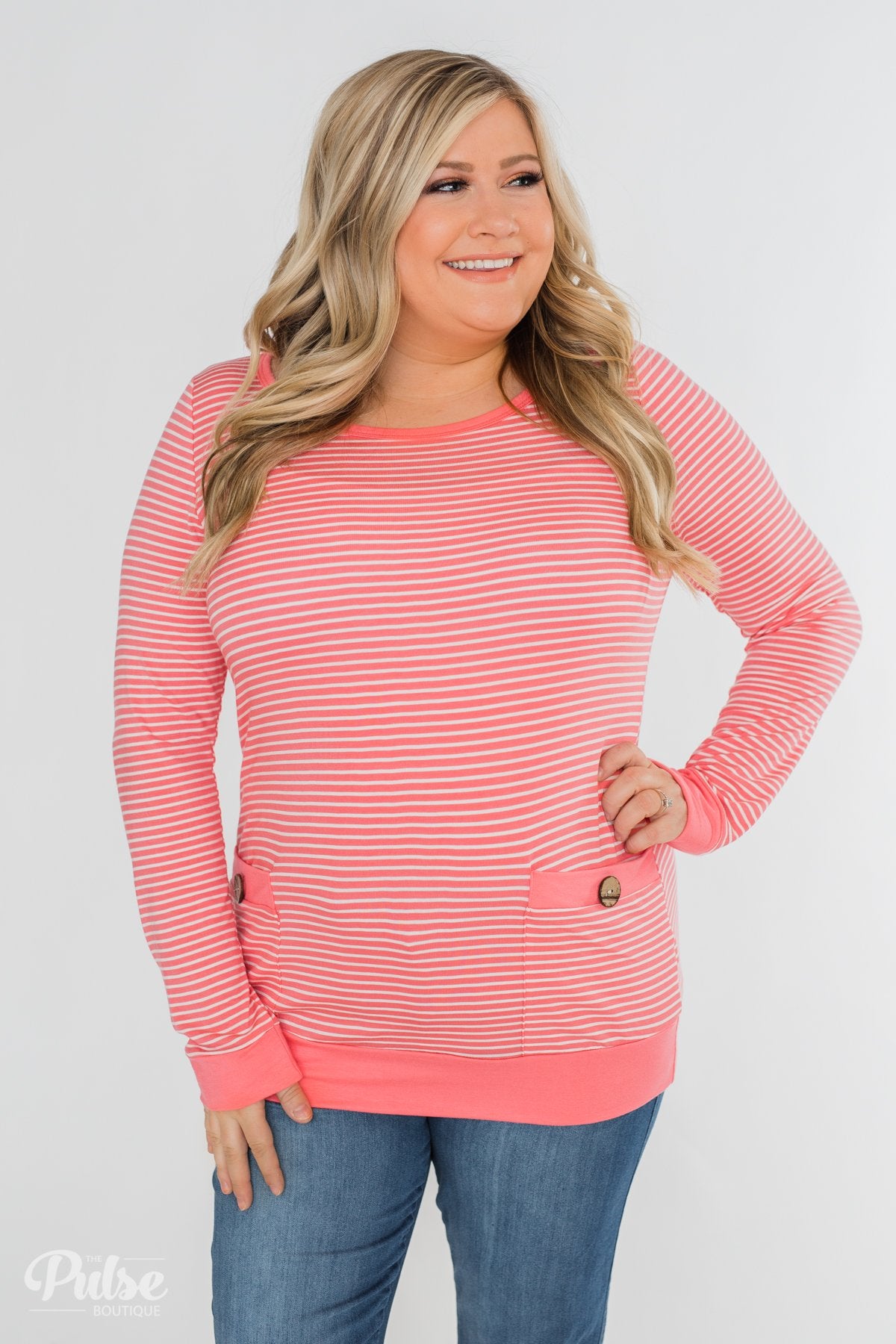 So Much In Common Striped Pocket Top- Pink