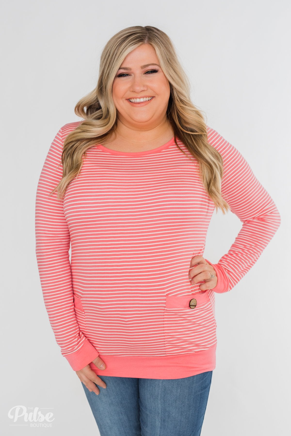 So Much In Common Striped Pocket Top- Pink