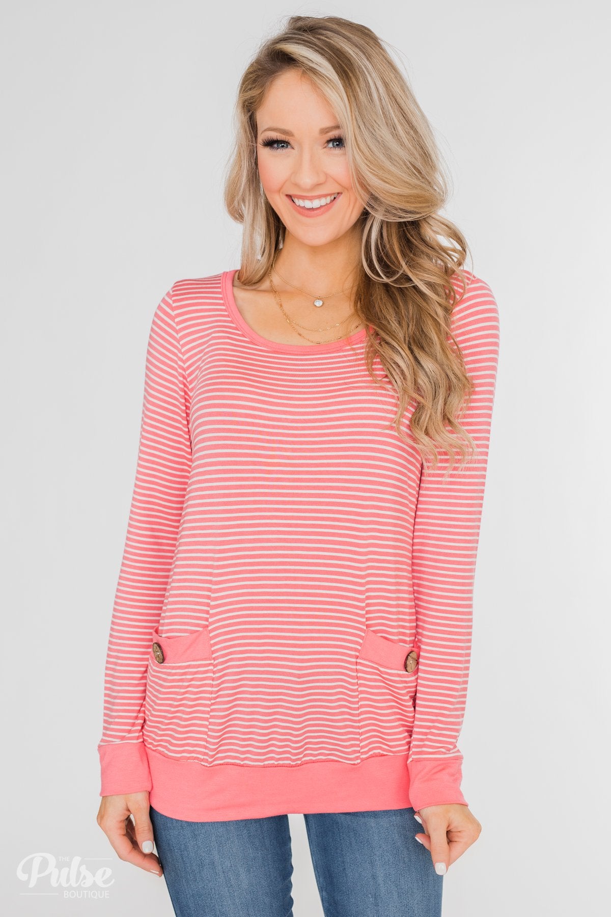 So Much In Common Striped Pocket Top- Pink