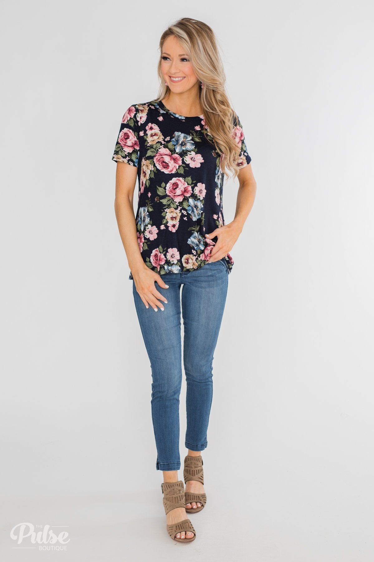 Finding The Right One Floral Short Sleeve Top- Navy