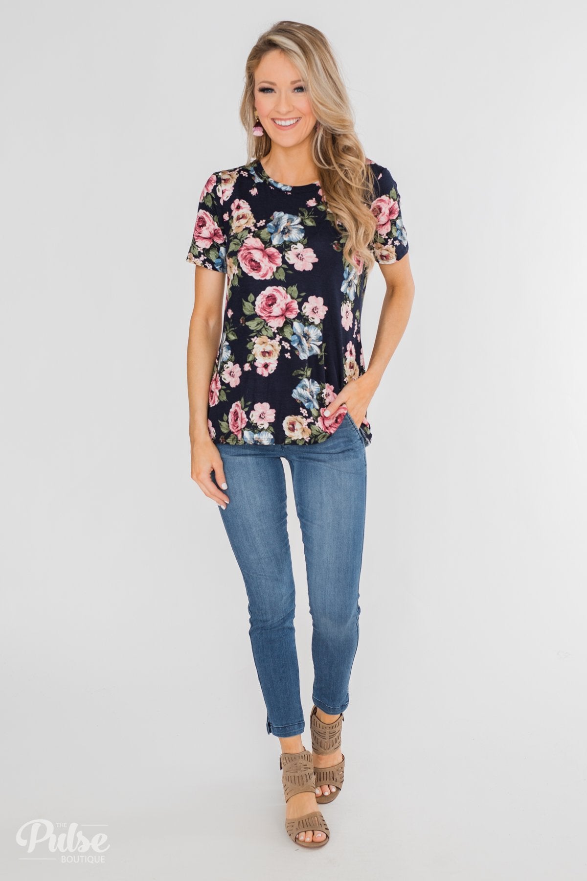 Finding The Right One Floral Short Sleeve Top- Navy