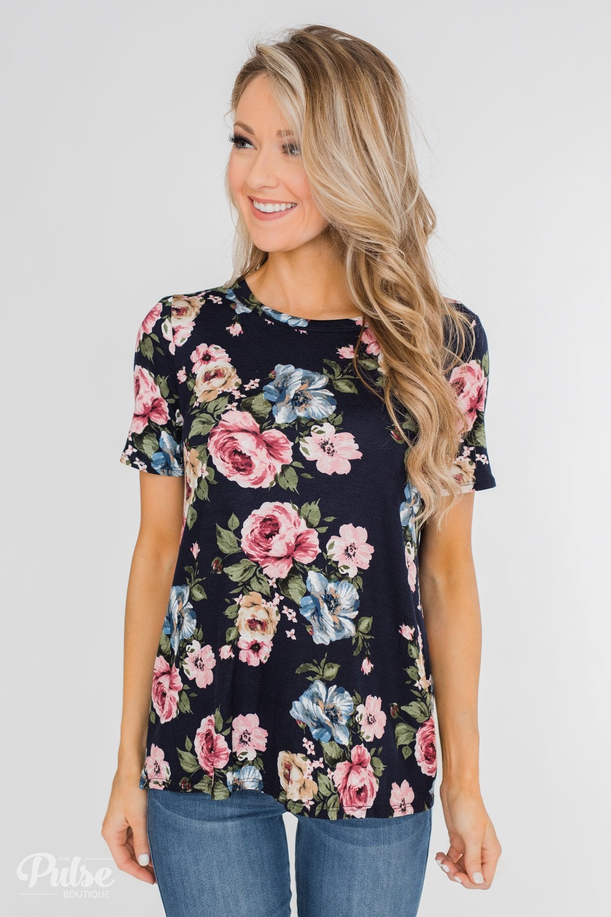 Finding The Right One Floral Short Sleeve Top- Navy