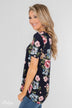 Finding The Right One Floral Short Sleeve Top- Navy