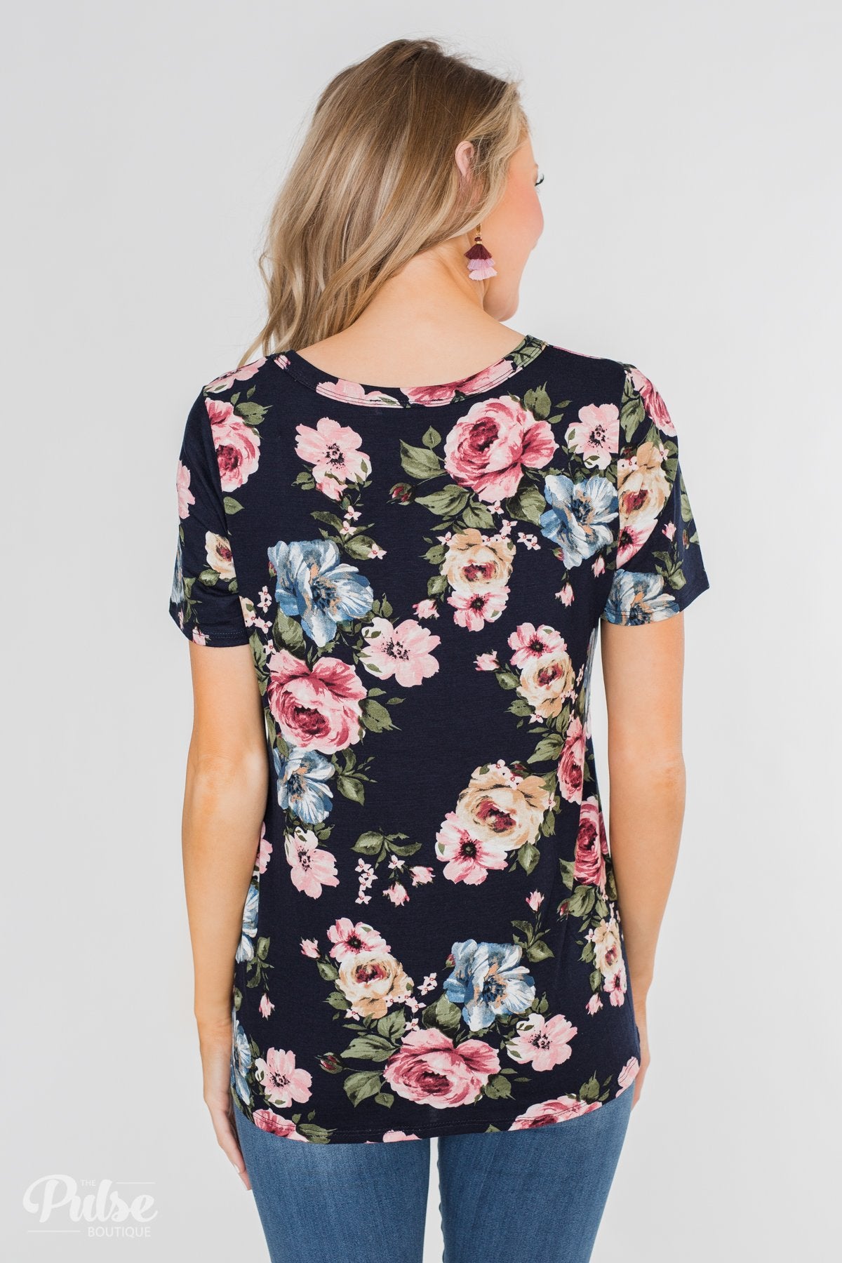 Finding The Right One Floral Short Sleeve Top- Navy