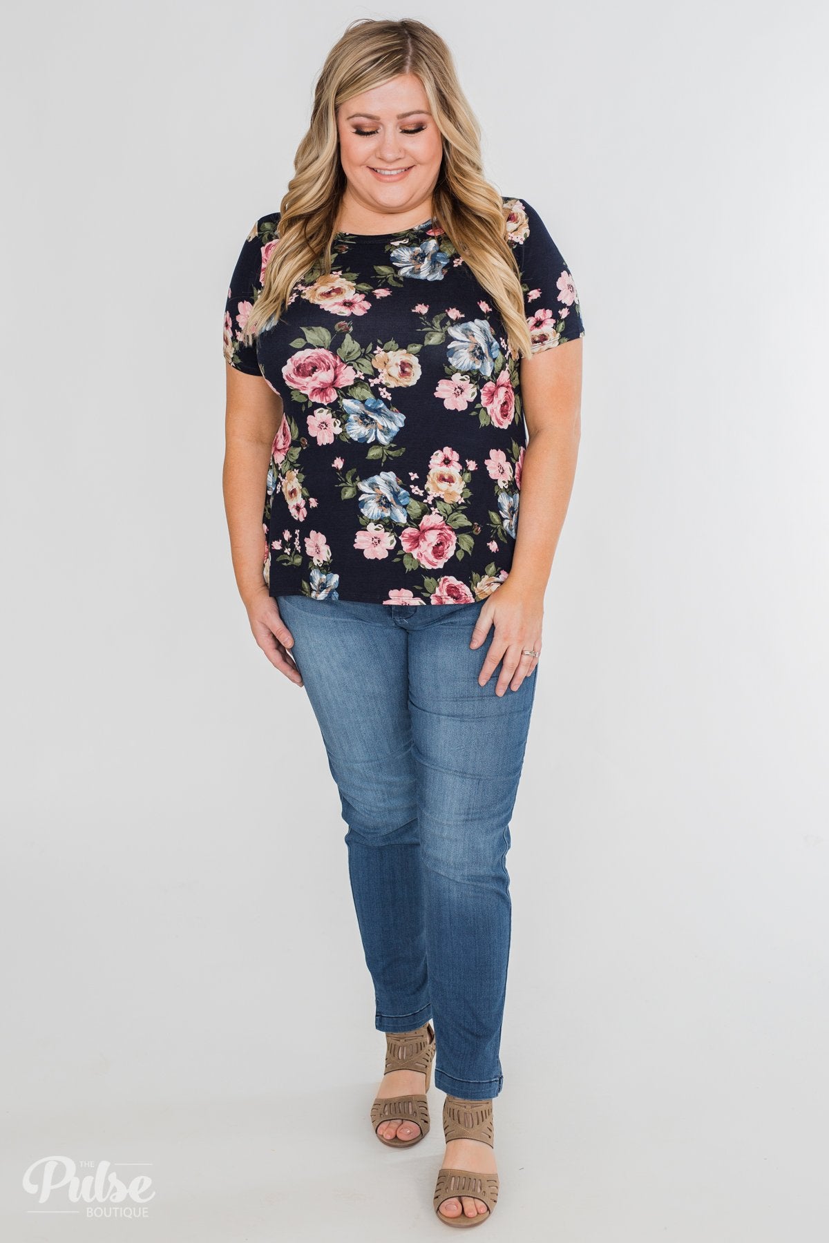 Finding The Right One Floral Short Sleeve Top- Navy