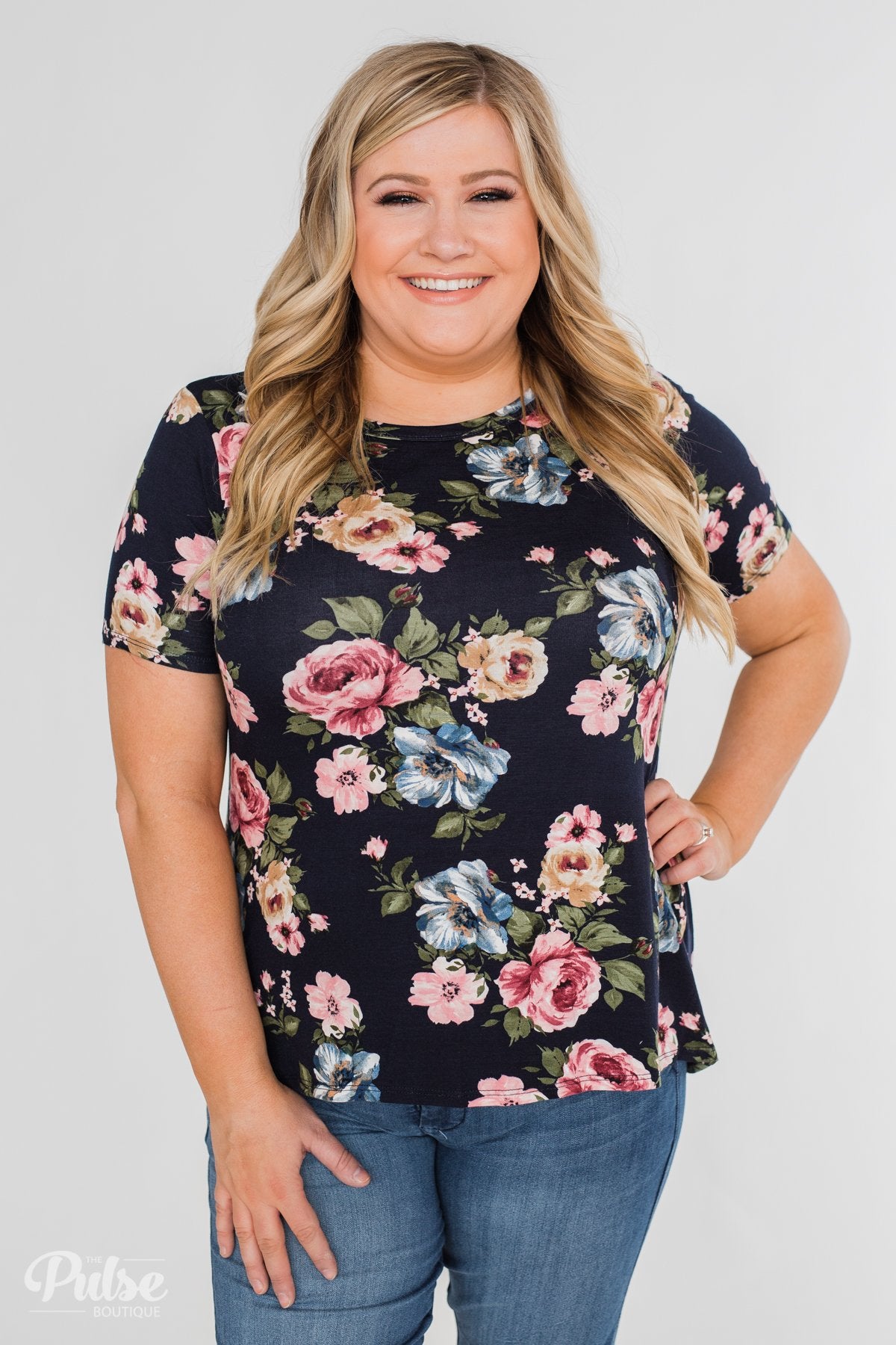 Finding The Right One Floral Short Sleeve Top- Navy