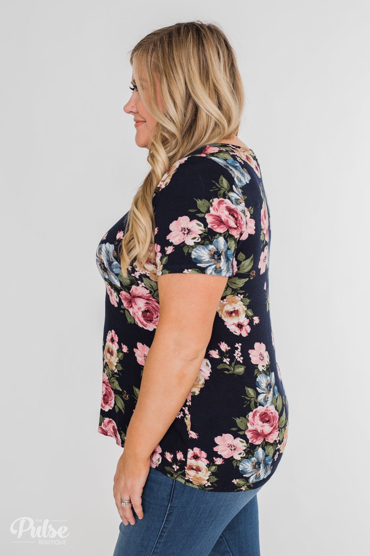 Finding The Right One Floral Short Sleeve Top- Navy