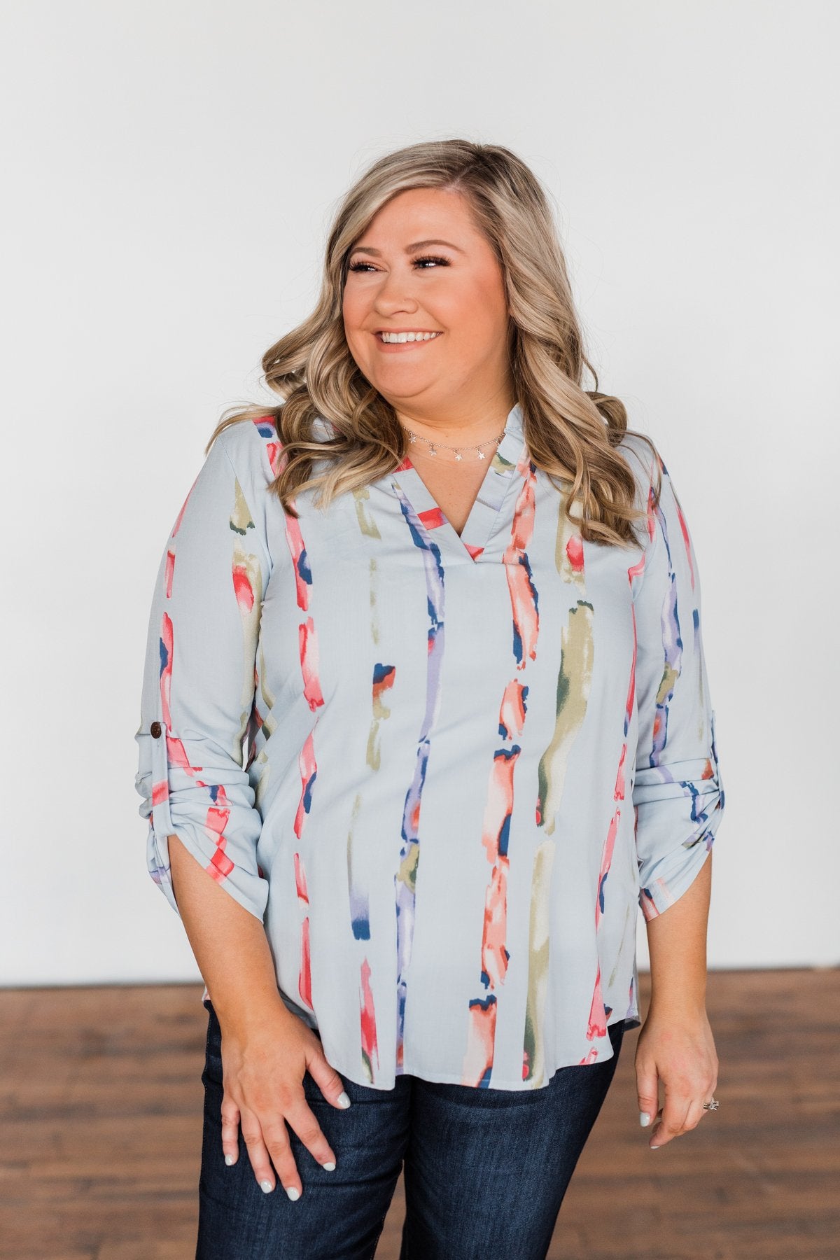 Perfectly Poise Printed V-Neck Top- Light Blue