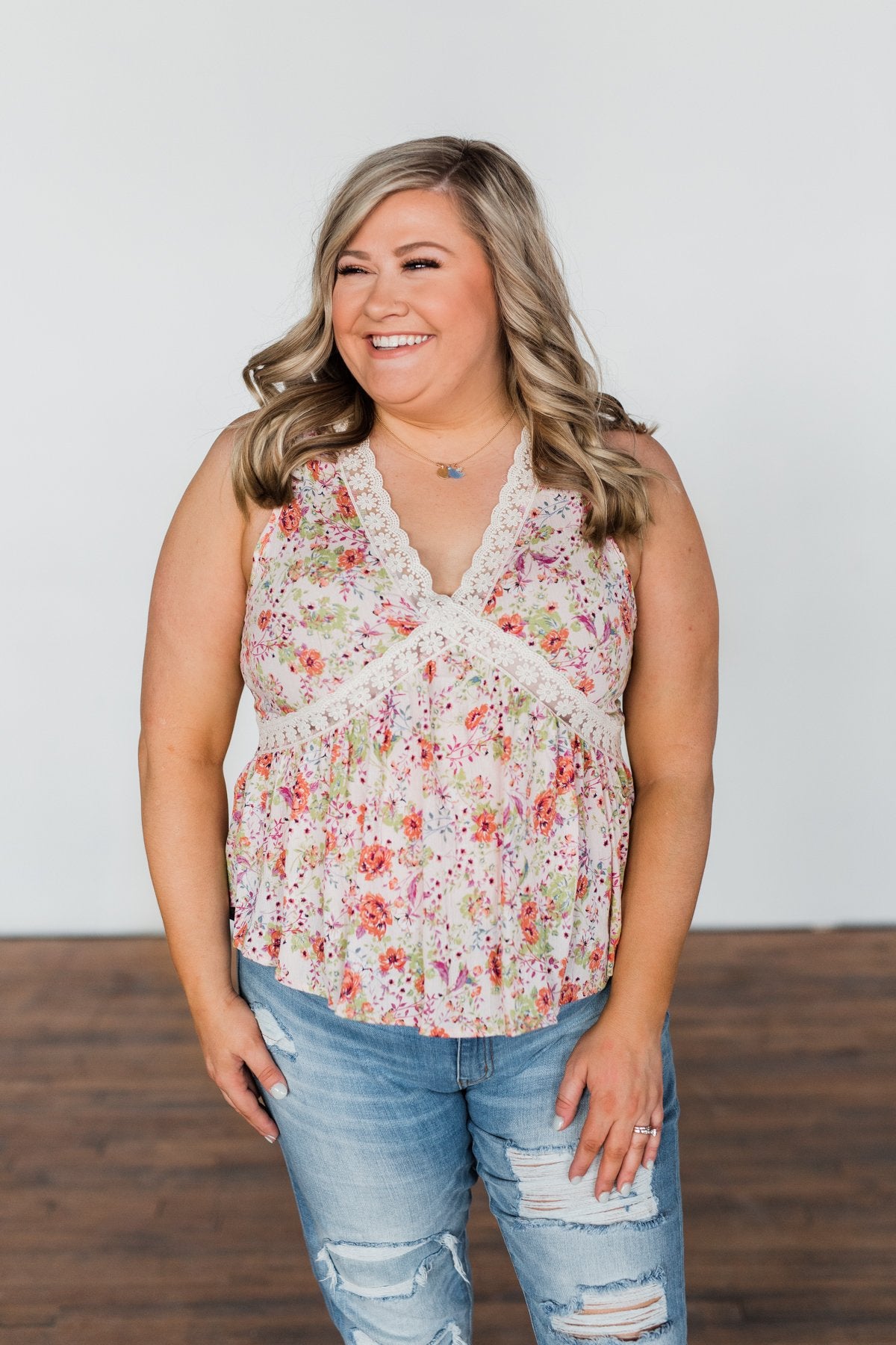 Let It Grow Floral Lace Tank Top- Light Pink