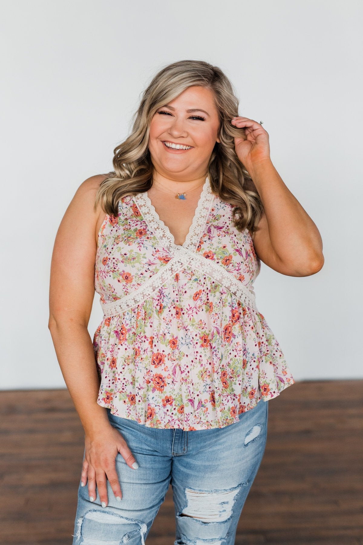 Let It Grow Floral Lace Tank Top- Light Pink