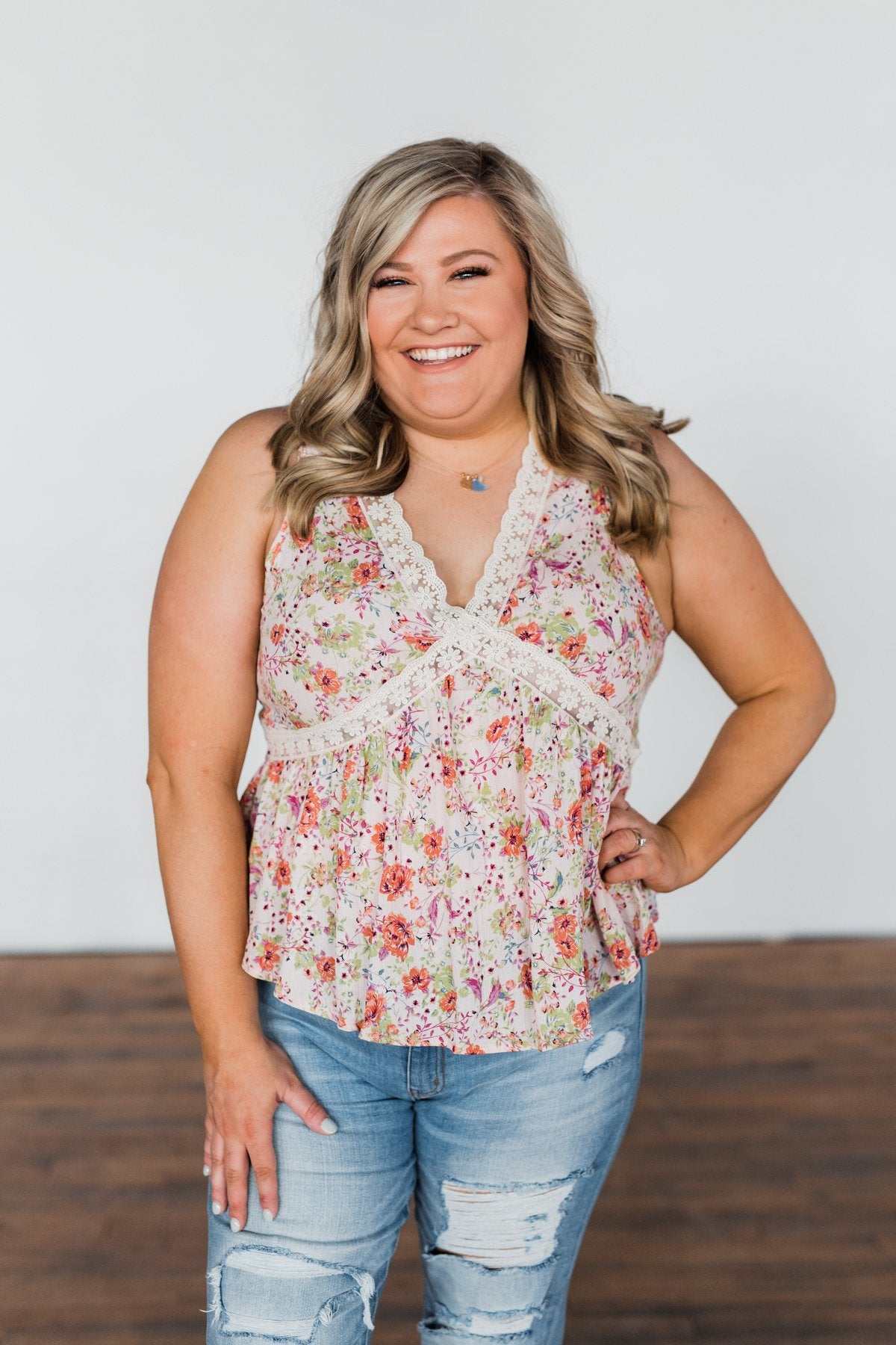 Let It Grow Floral Lace Tank Top- Light Pink