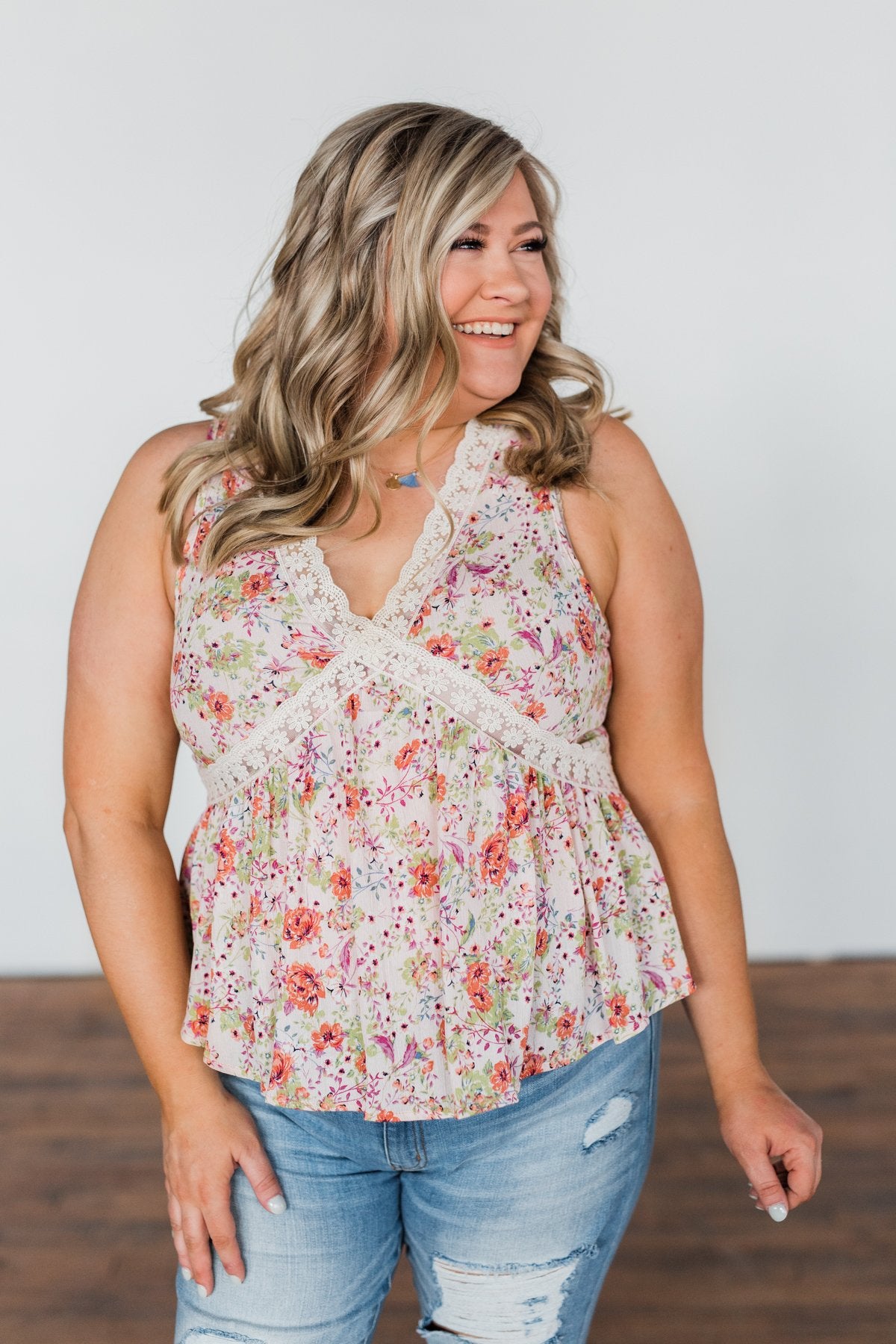 Let It Grow Floral Lace Tank Top- Light Pink