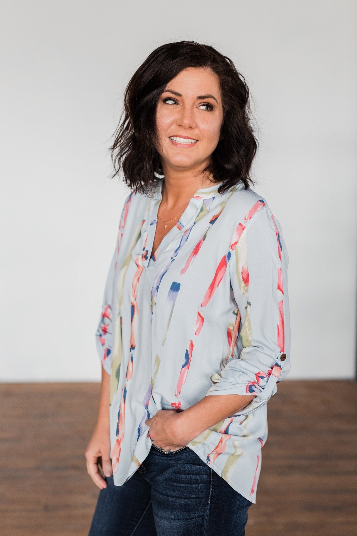 Perfectly Poise Printed V-Neck Top- Light Blue