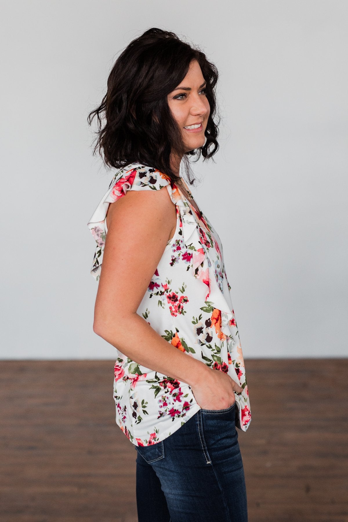 Love Blossoms Ruffle Floral Top- Ivory