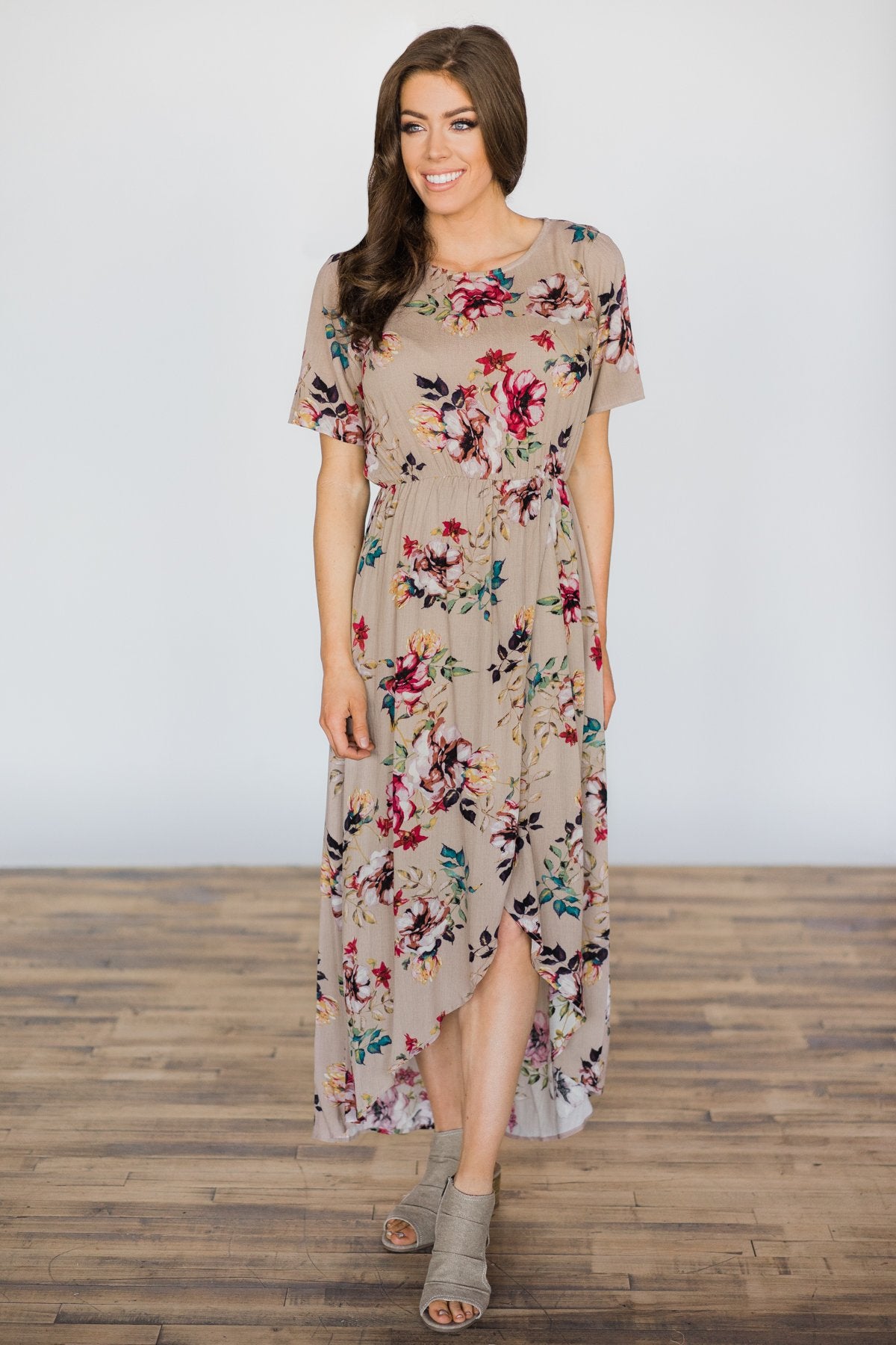 Hint of Spring Taupe Floral Maxi Dress