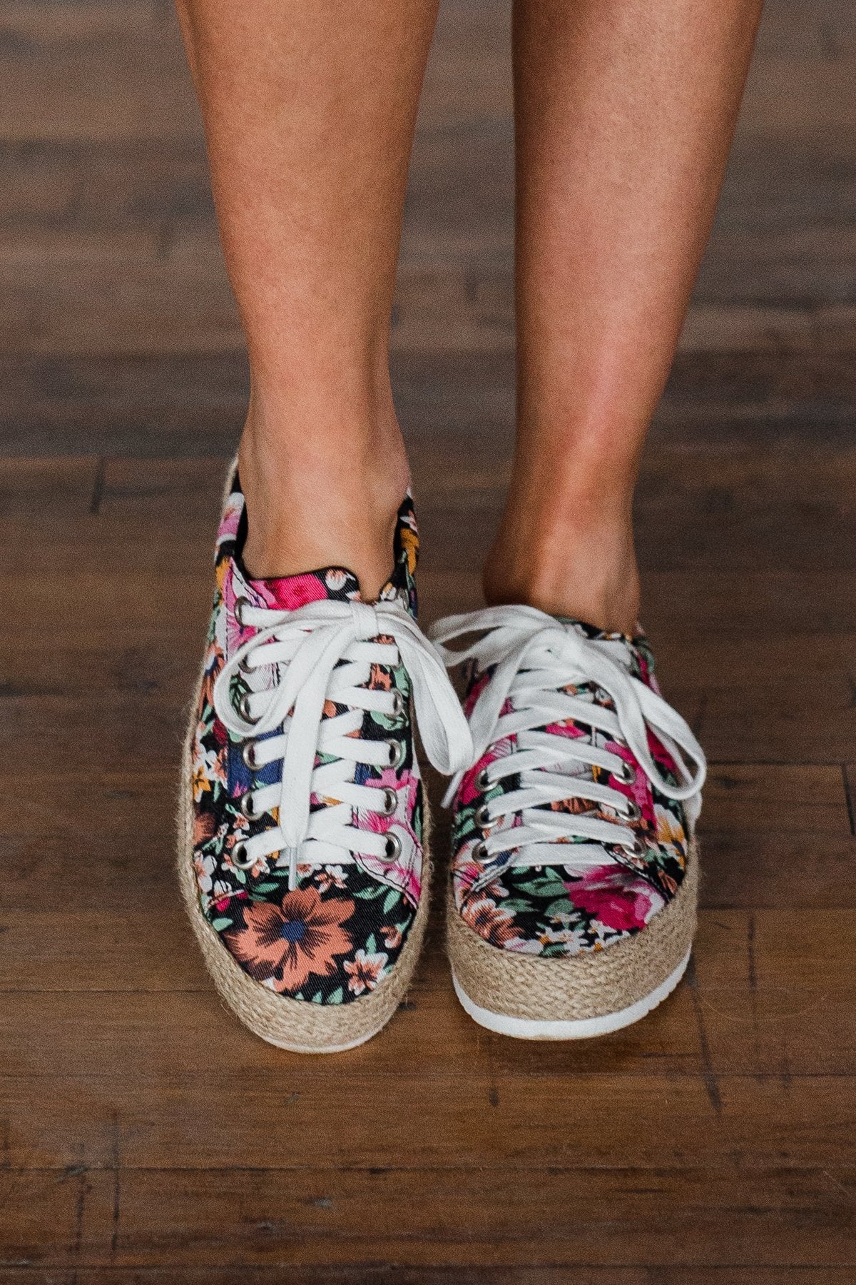 Soda Keana Floral Platform Sneakers- Black