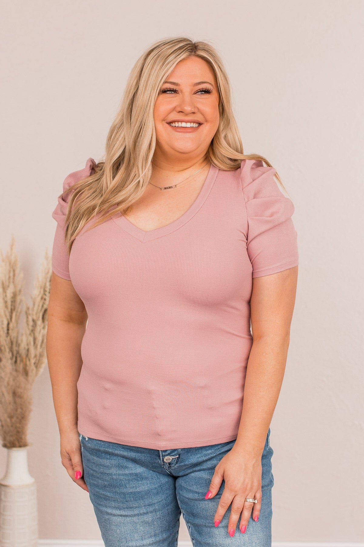 Lay It On Me Ribbed V-Neck Top- Dusty Rose