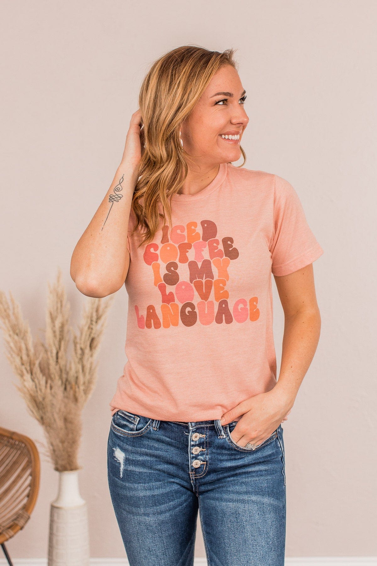 "Iced Coffee Is My Love Language" Graphic Tee- Peach