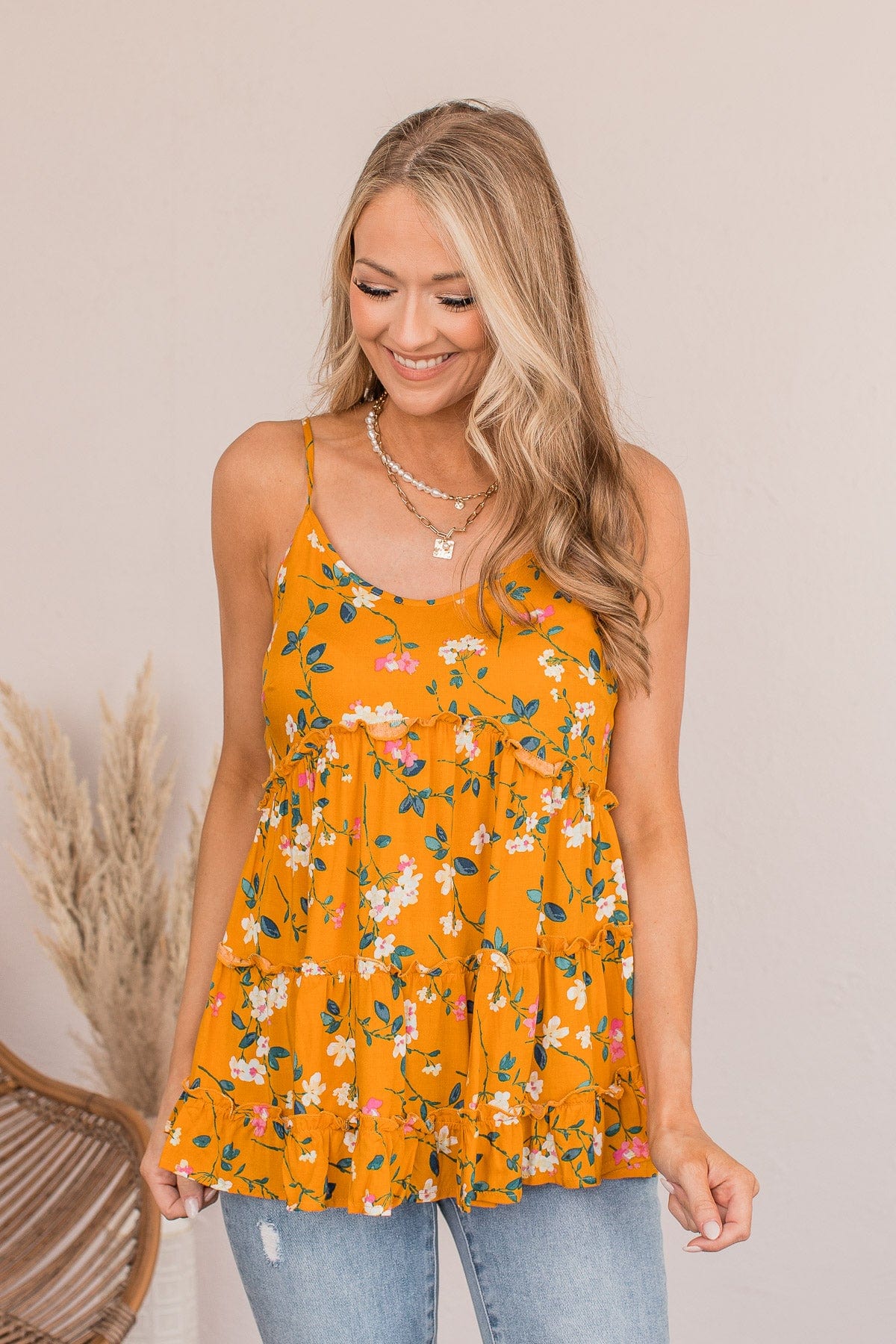 Take My Sorrows Floral Tank- Golden Yellow