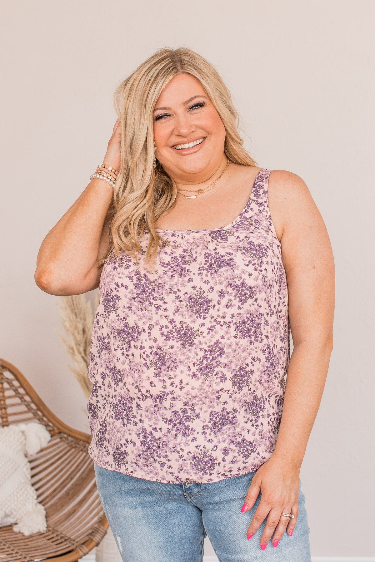 Floral Happiness Pleated Tank Top- Lavender
