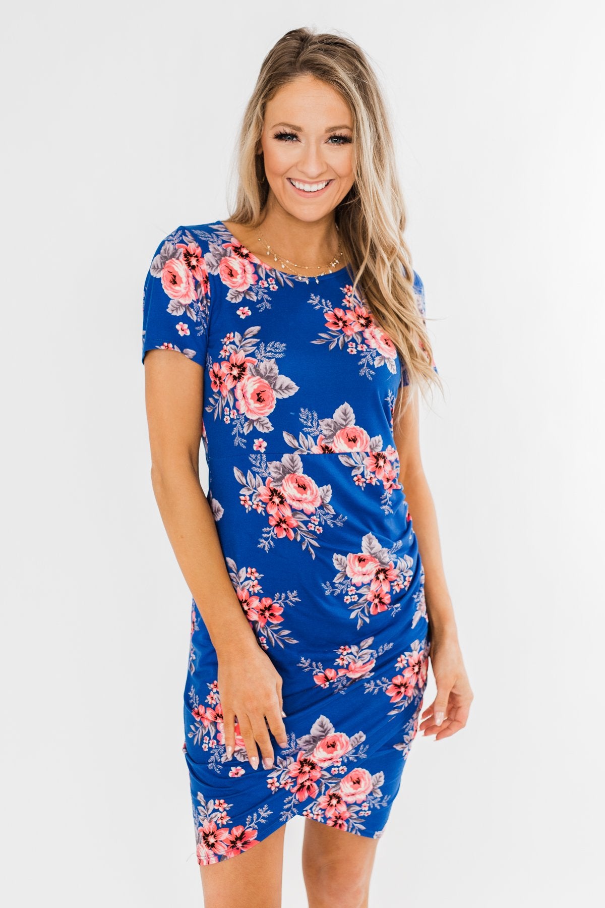 Blessed To Be Me Floral Cinched Waist Dress- Cobalt Blue Blessed To Be Me Floral Cinched Waist Dress- Cobalt Blue