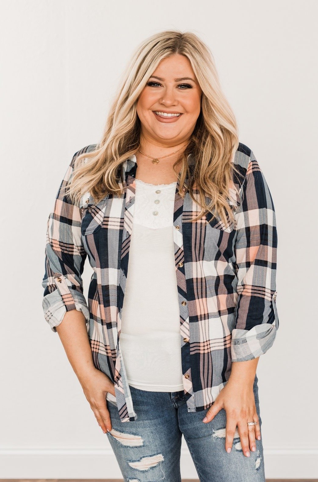 Fall Into The Night Plaid Button Top- Peach, Navy, & Ivory