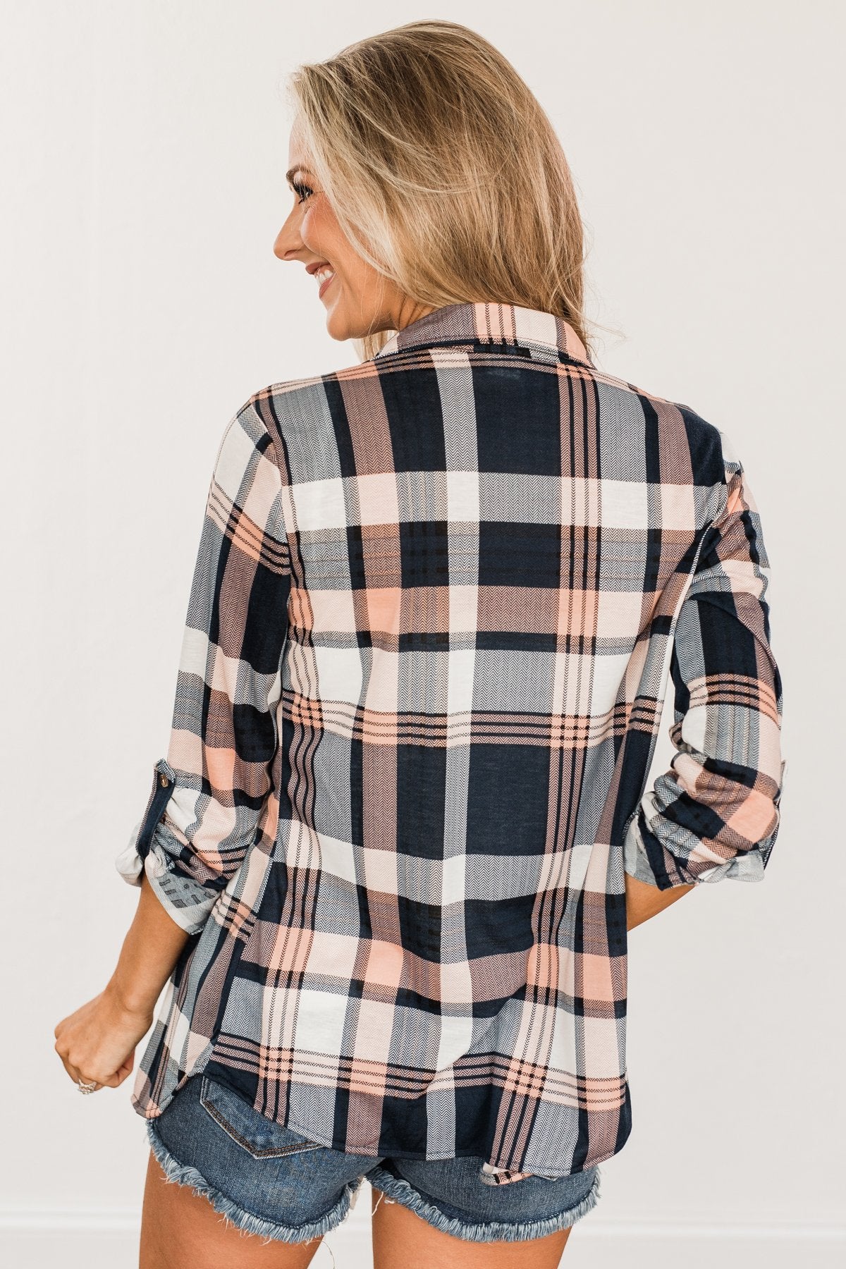 Fall Into The Night Plaid Button Top- Peach, Navy, & Ivory
