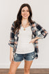 Fall Into The Night Plaid Button Top- Peach, Navy, & Ivory