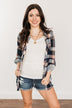 Fall Into The Night Plaid Button Top- Peach, Navy, & Ivory