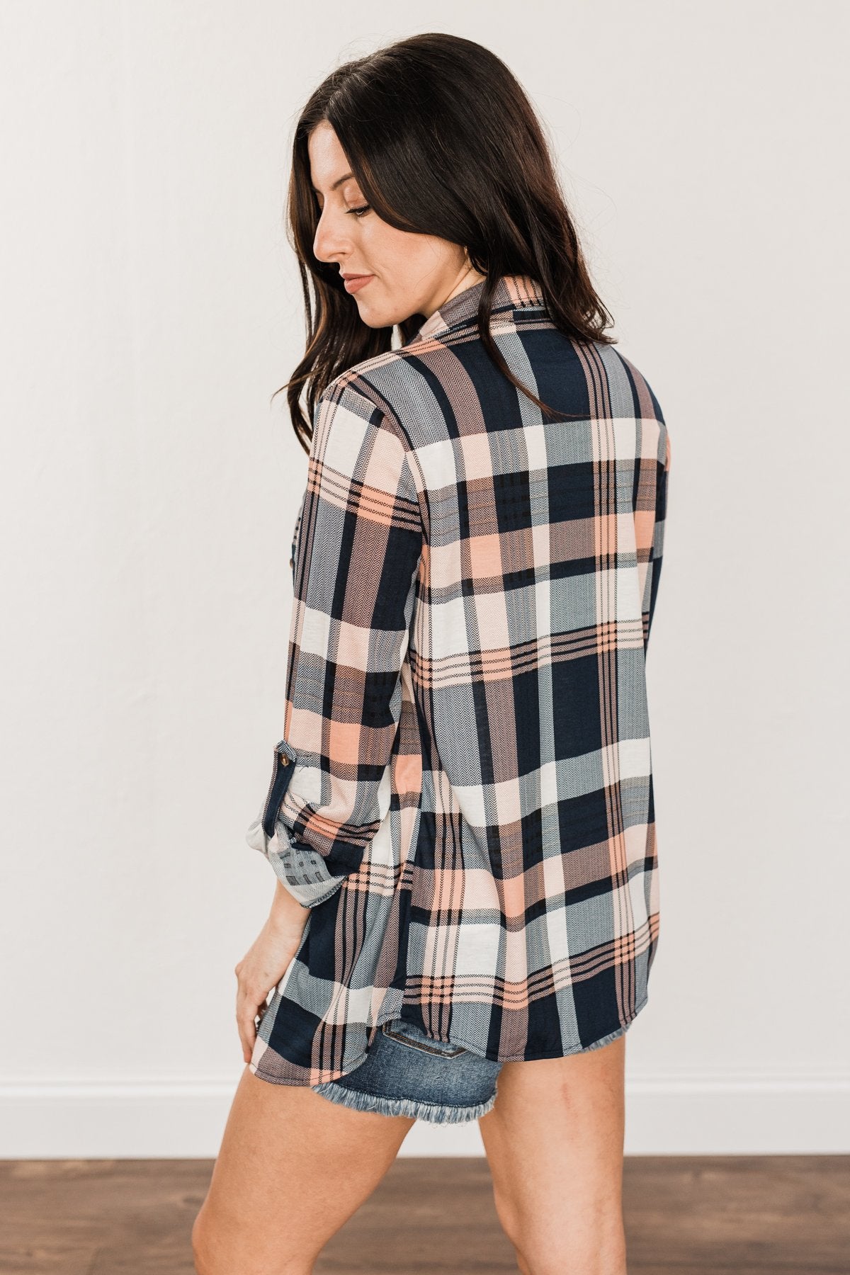 Fall Into The Night Plaid Button Top- Peach, Navy, & Ivory