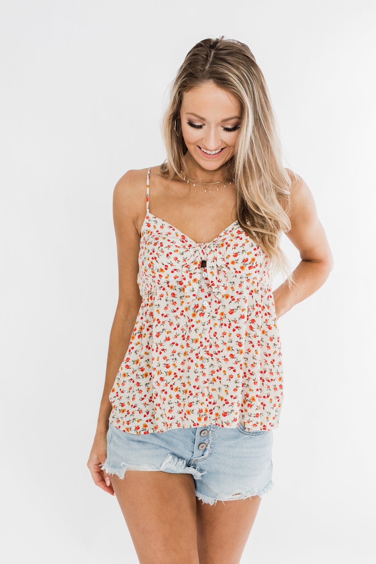 Better Than I Was Floral Bow Tie Tank Top- Ivory Multi