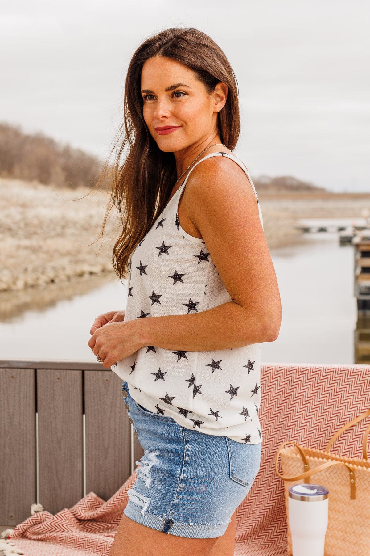 Young And Free Button Tank- White