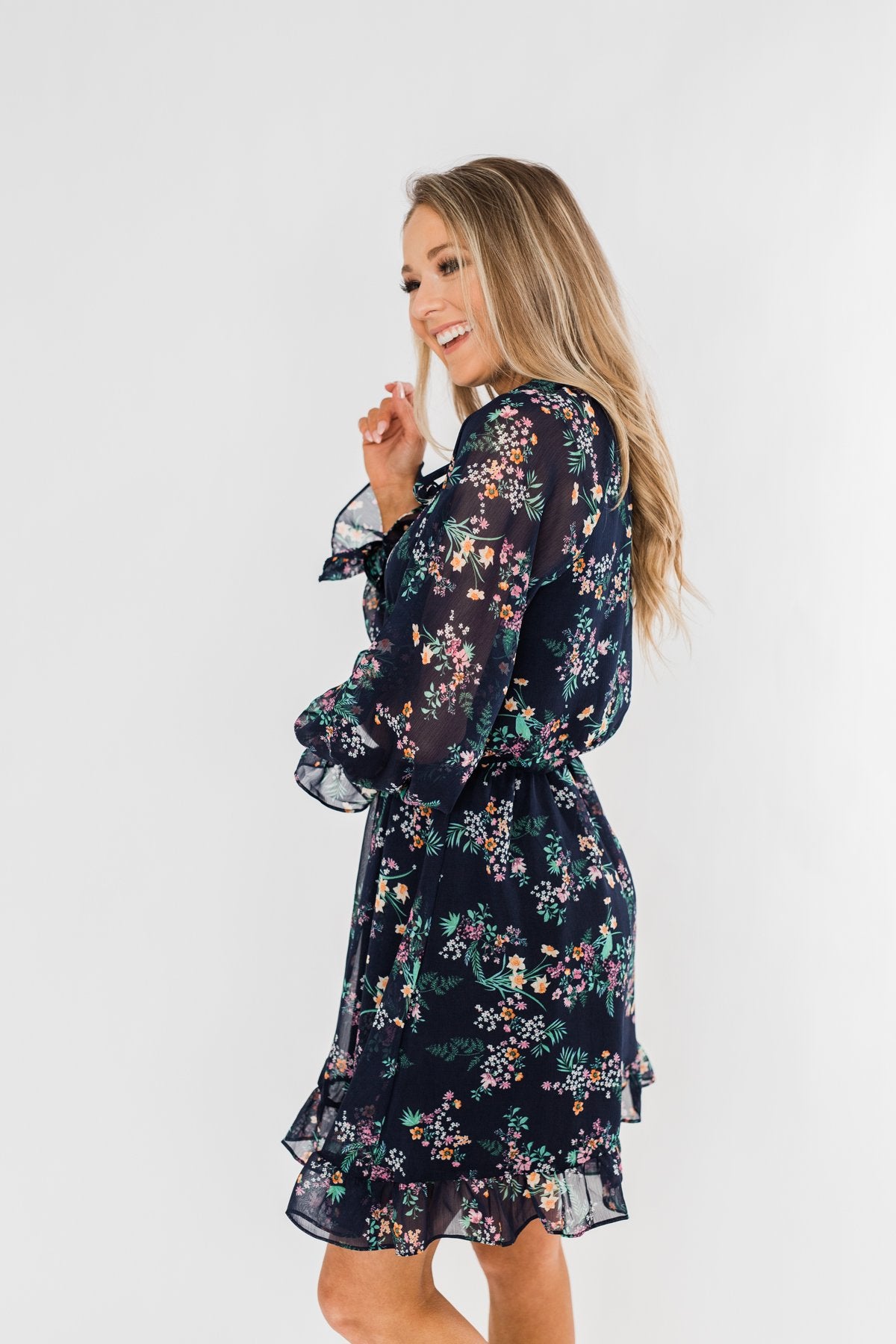 Always Be Wanted Floral Ruffle Dress- Navy