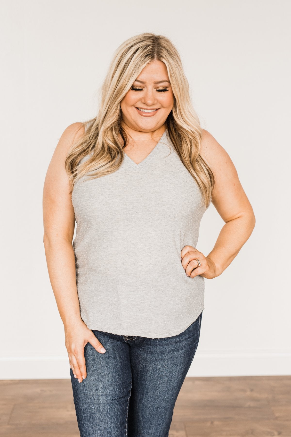 Owns My Heart V-Neck Tank Top- Grey