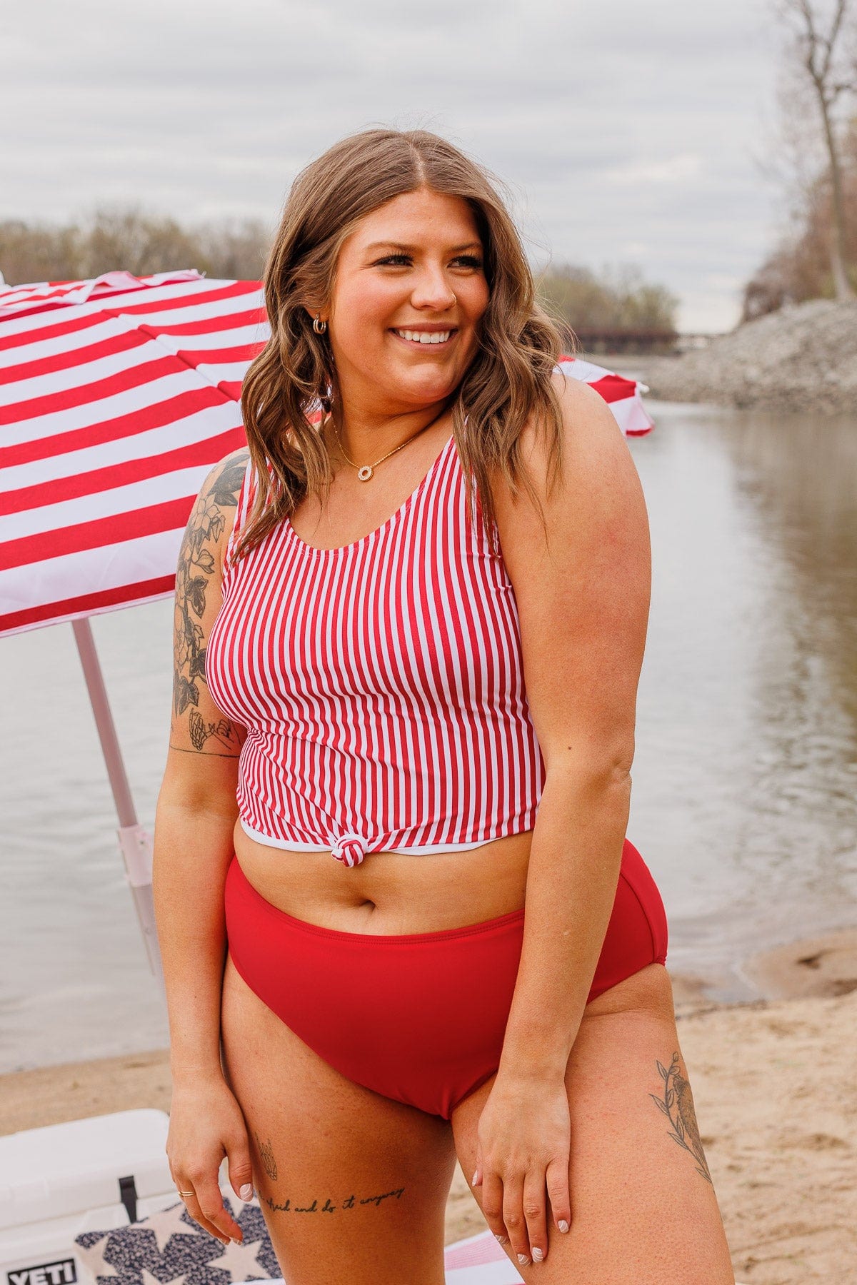 Front Knot Swimsuit Tankini- Red & White Stripe