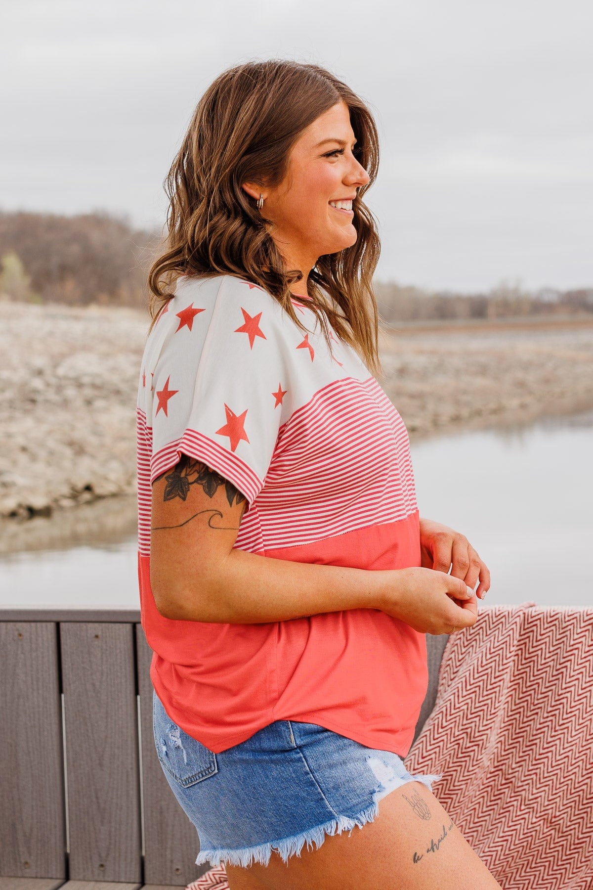 Ringing Freedom Color Block Top- Hot Coral