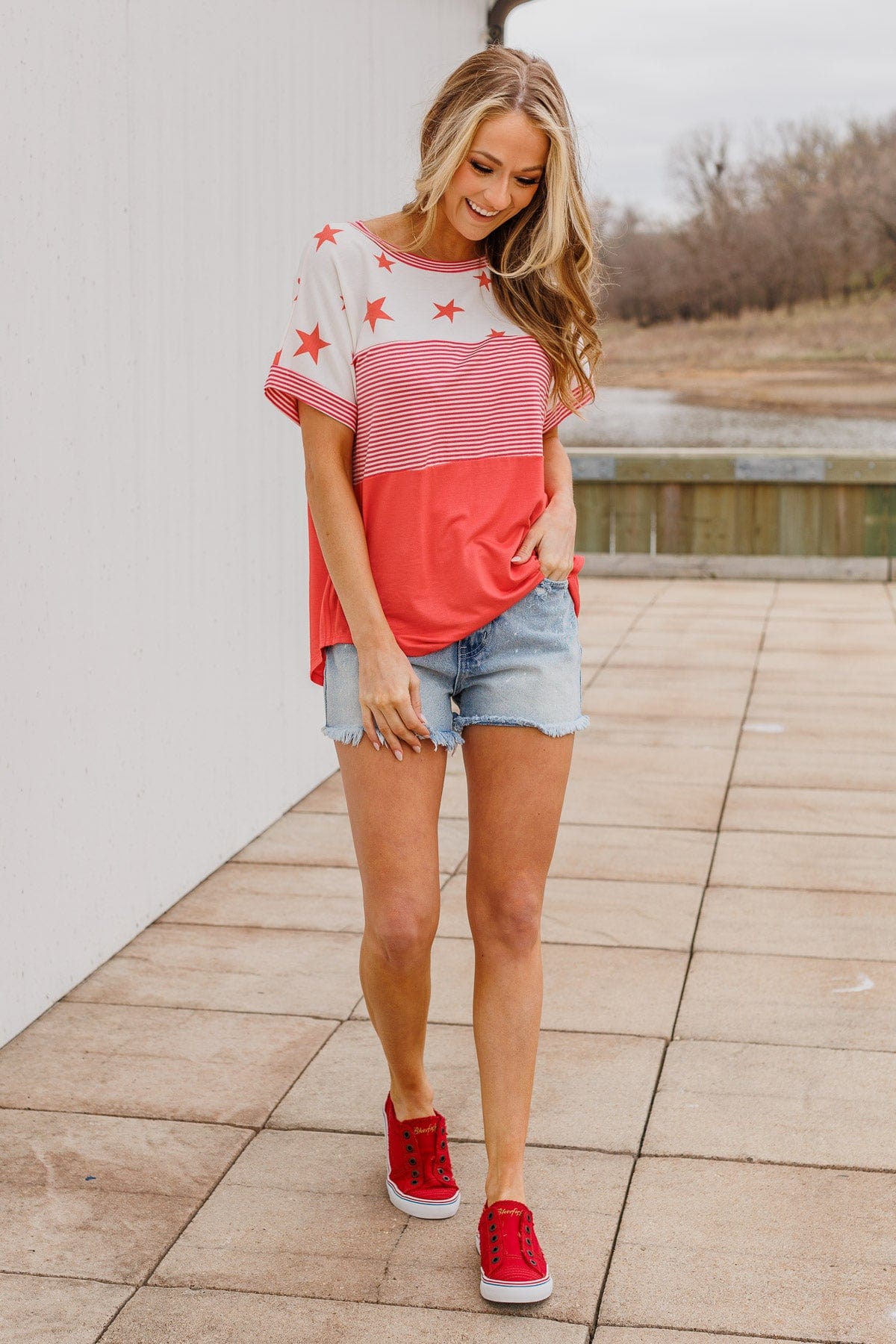 Ringing Freedom Color Block Top- Hot Coral