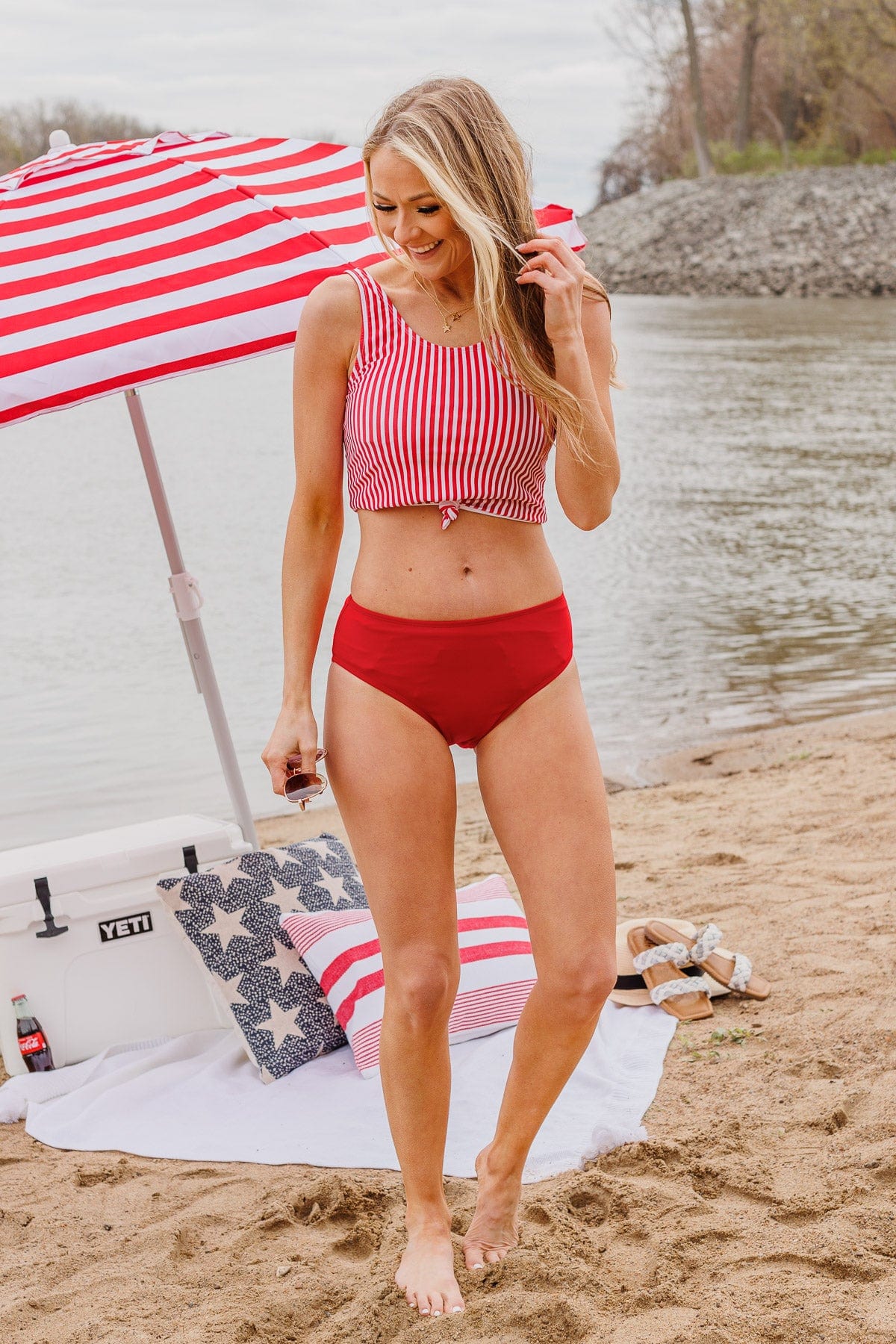 Bask In The Sun Mid-Rise Swim Bottoms- Red