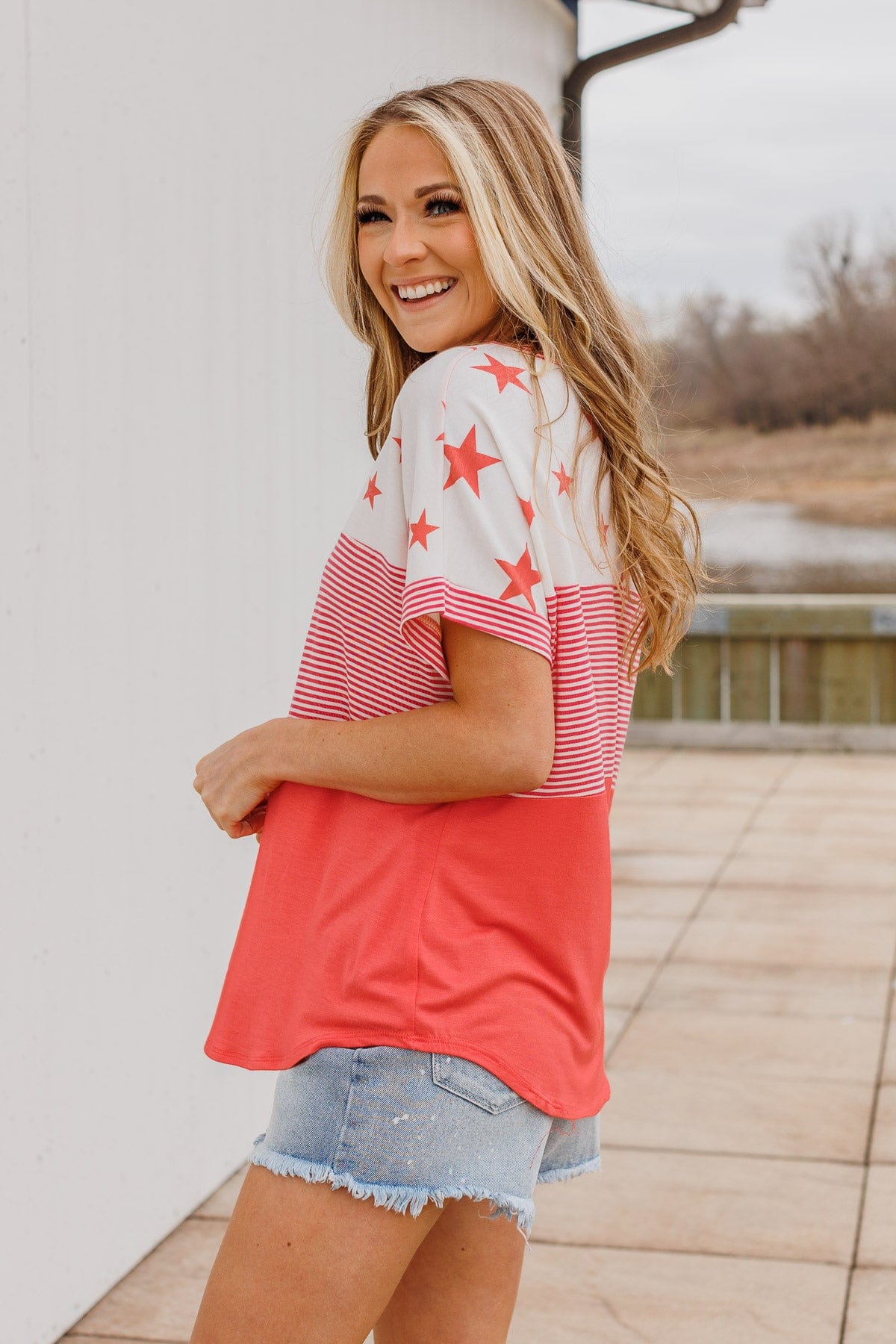 Ringing Freedom Color Block Top- Hot Coral