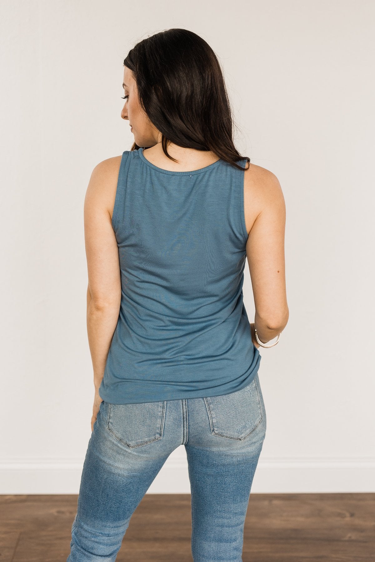 Places to Go Criss-Cross Tank Top- Steel Blue